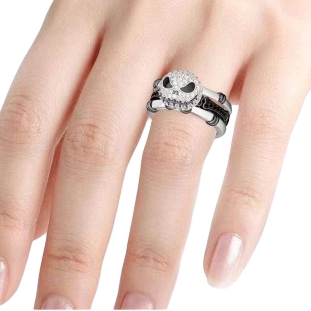 😁Nightmare Before Christmas Silver and Black Jack Skull Stackable Ring Size 6 - Picture 2 of 5